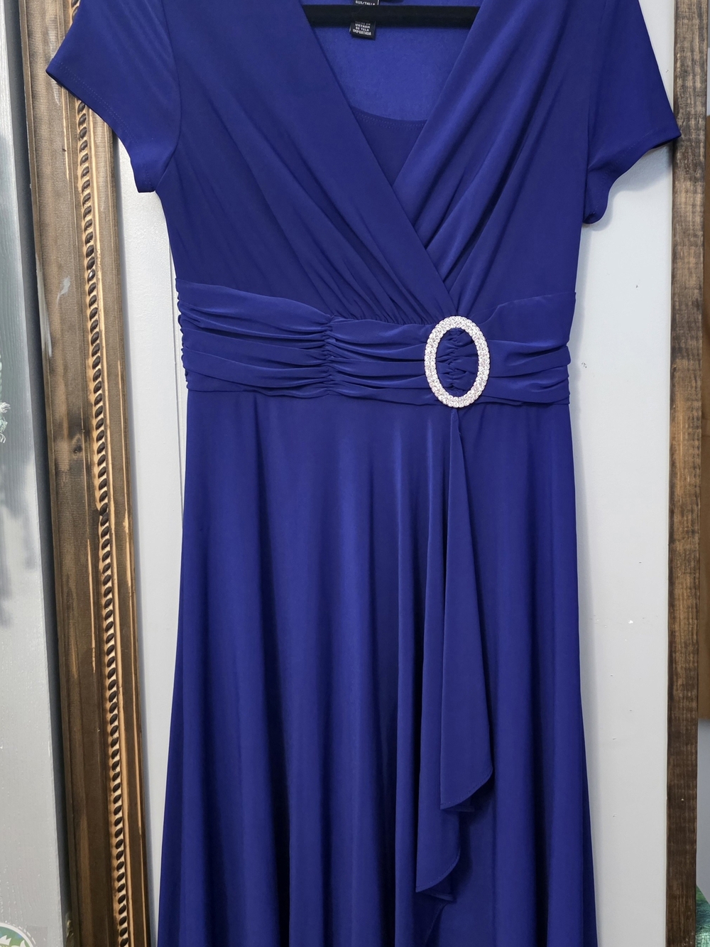 R&M Richards Cobalt Blue Wrap-Front Maxi Dress with Oval Rhinestone Buckle